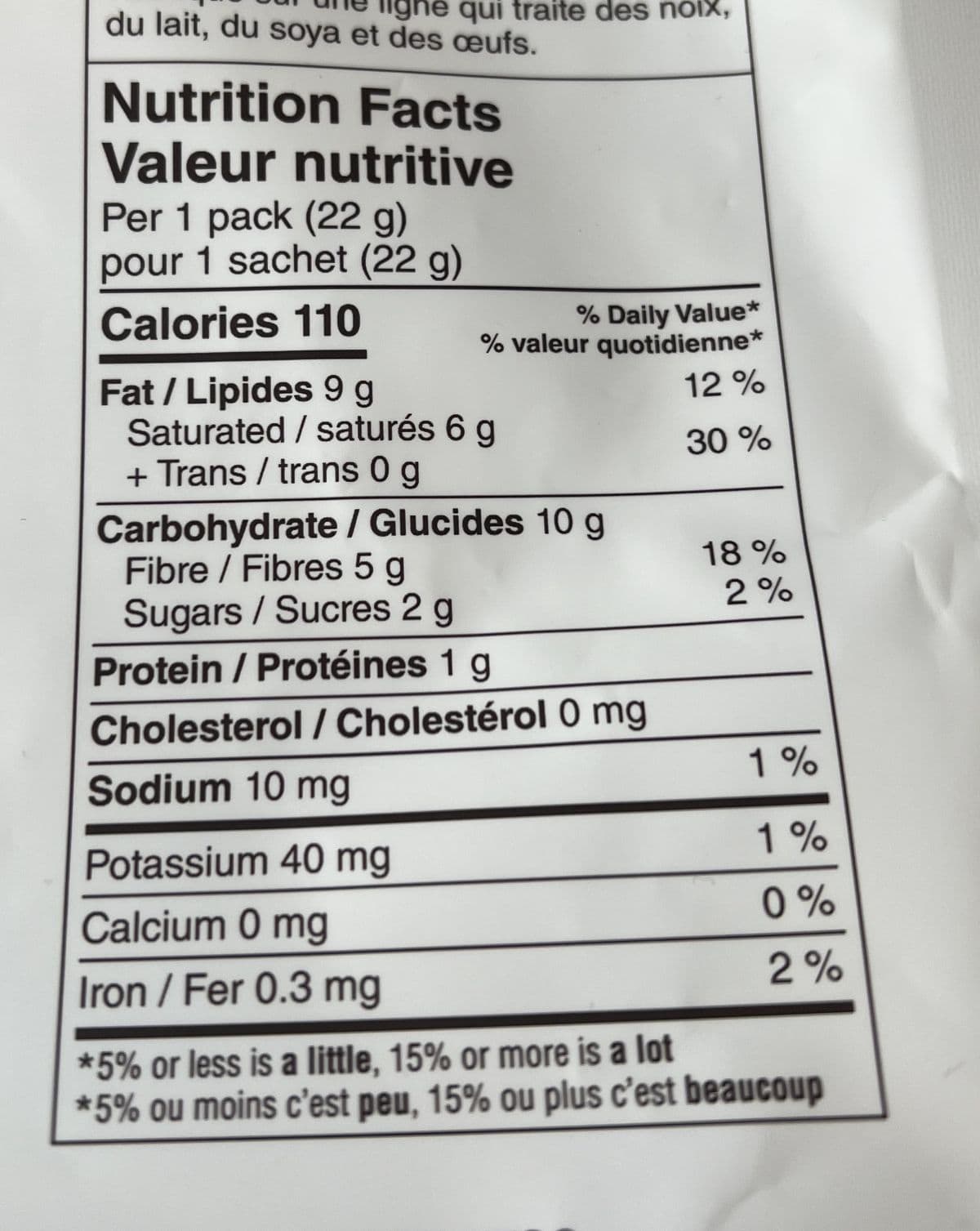 Image of the nutrition facts for the wafers from the back of the bag.