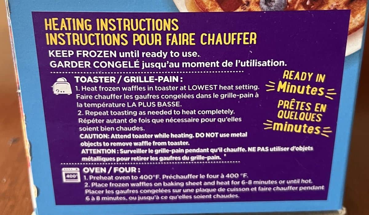 Image of the heating instructions for the waffles from the back of the box.