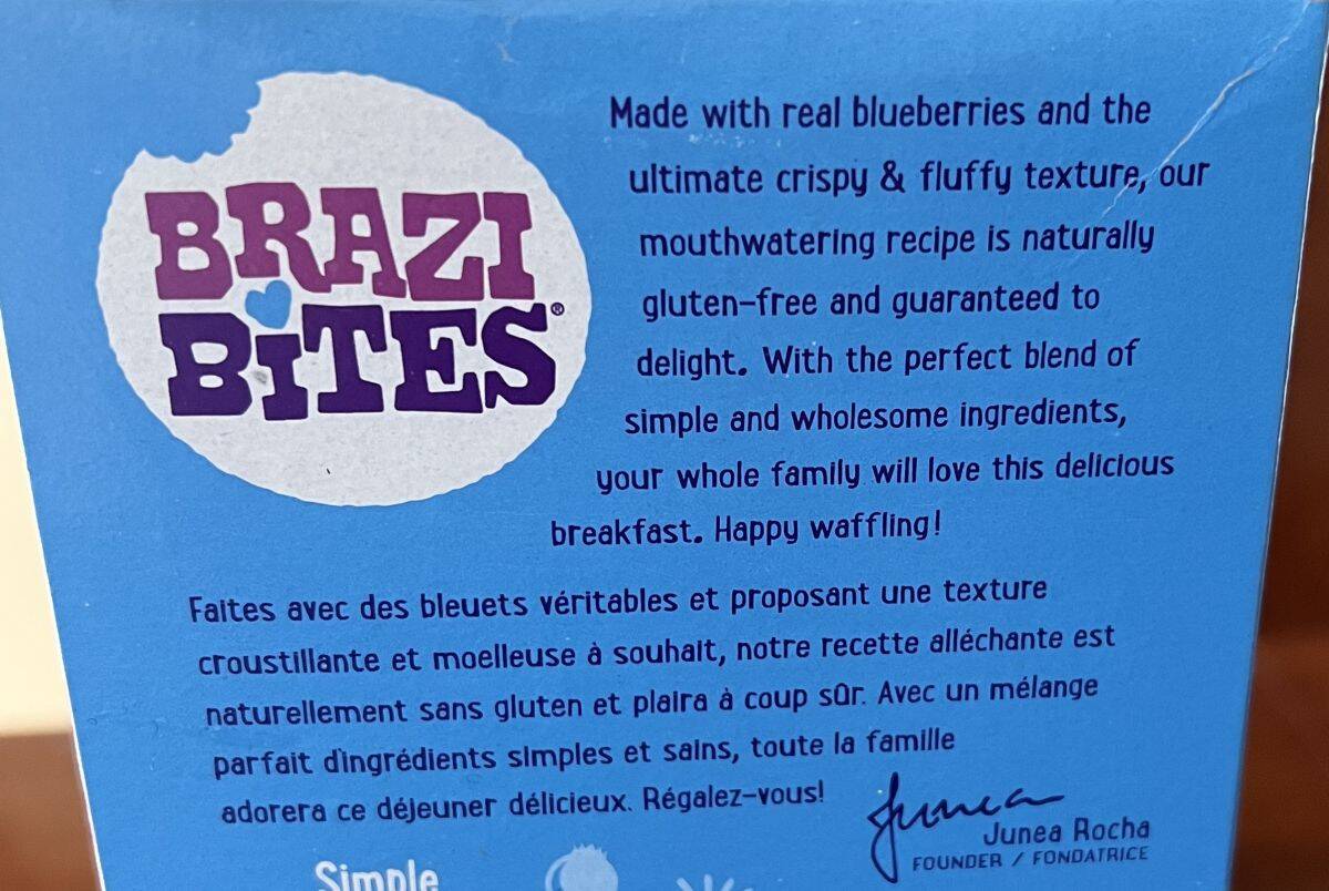 Image of the Brazi Bites Waffles product description from the back of the box.