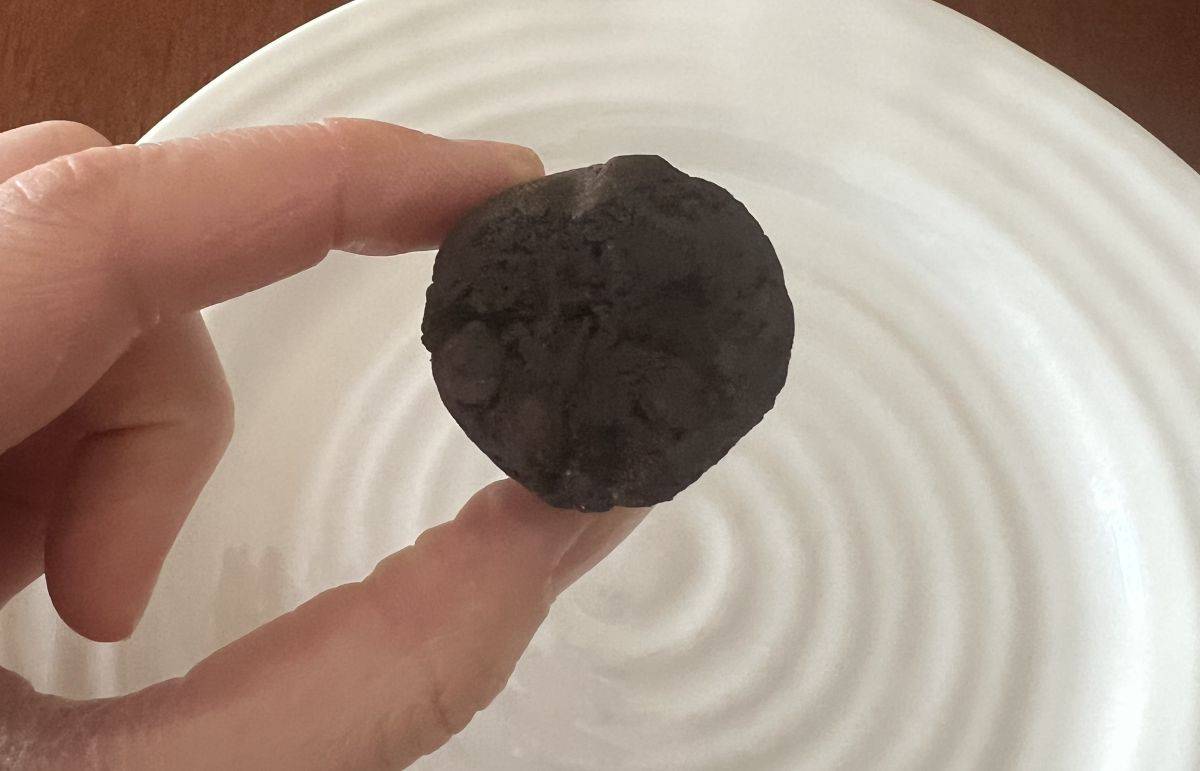 Image of a hand holding one double chocolate snacking bite close to the camera.