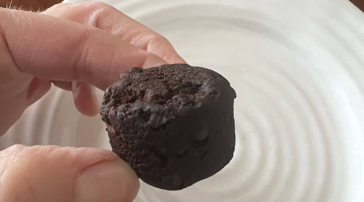Image of a hand holding one snacking bite close to the camera so you can see chocolate chips in it.