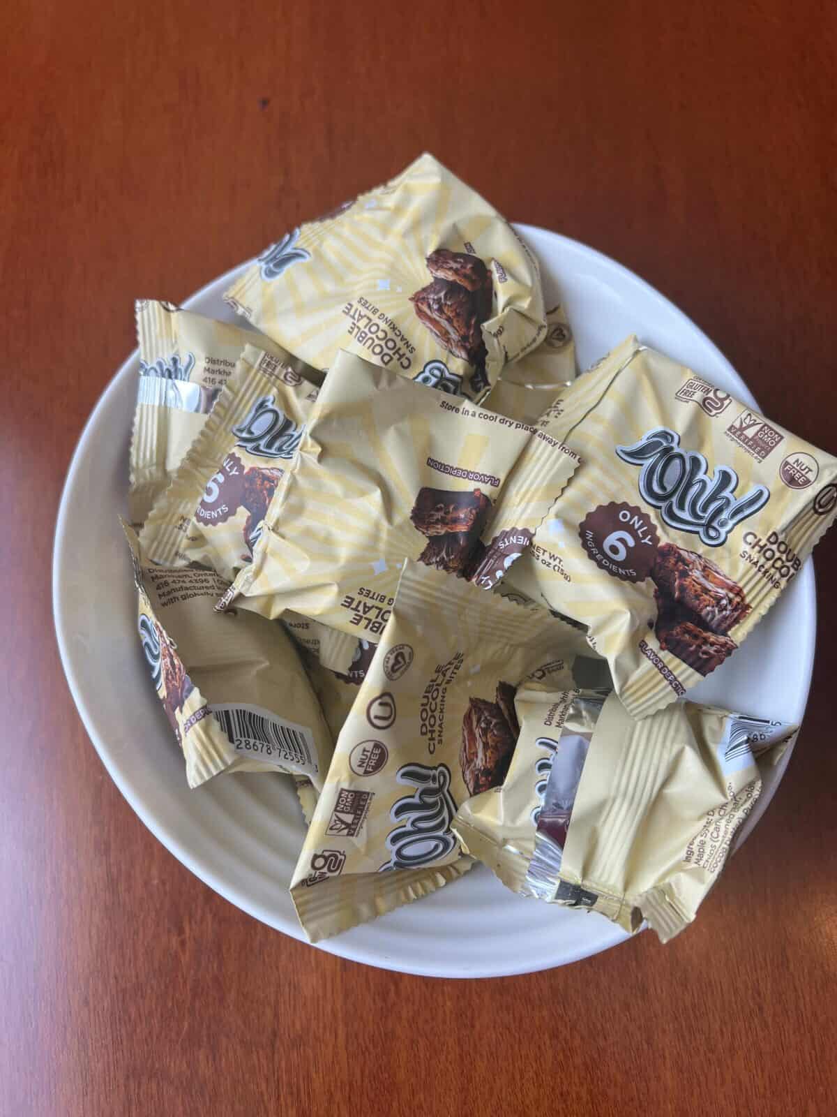 Image of a bowl full of individually packaged Ohh! Double Chocolate Snacking Bites.