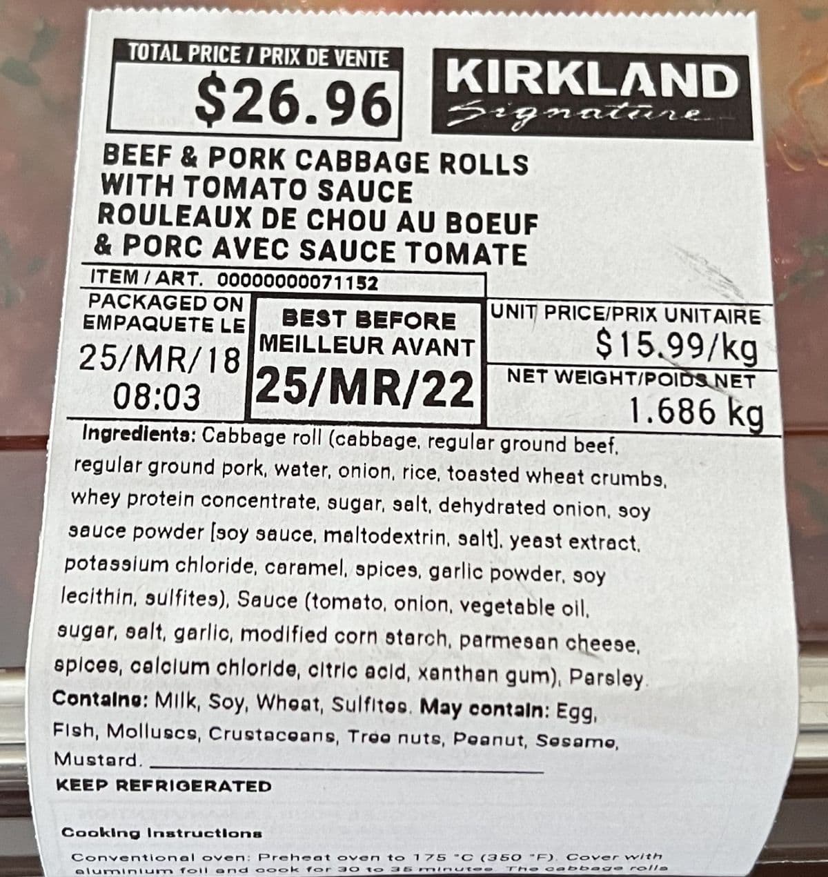 Closeup image of the front label on the cabbage rolls showing the cost of the cabbage rolls. 