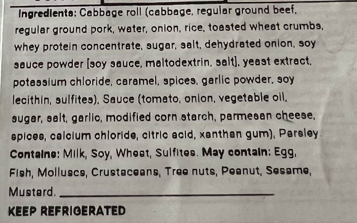 Image of the ingredients list for the cabbage rolls from the package.