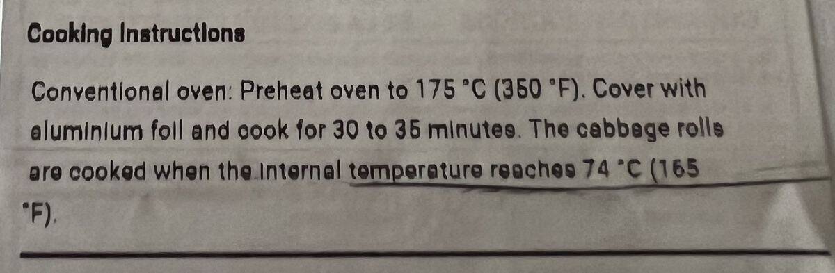 Image of the cooking instructions for the cabbage rolls from the package.