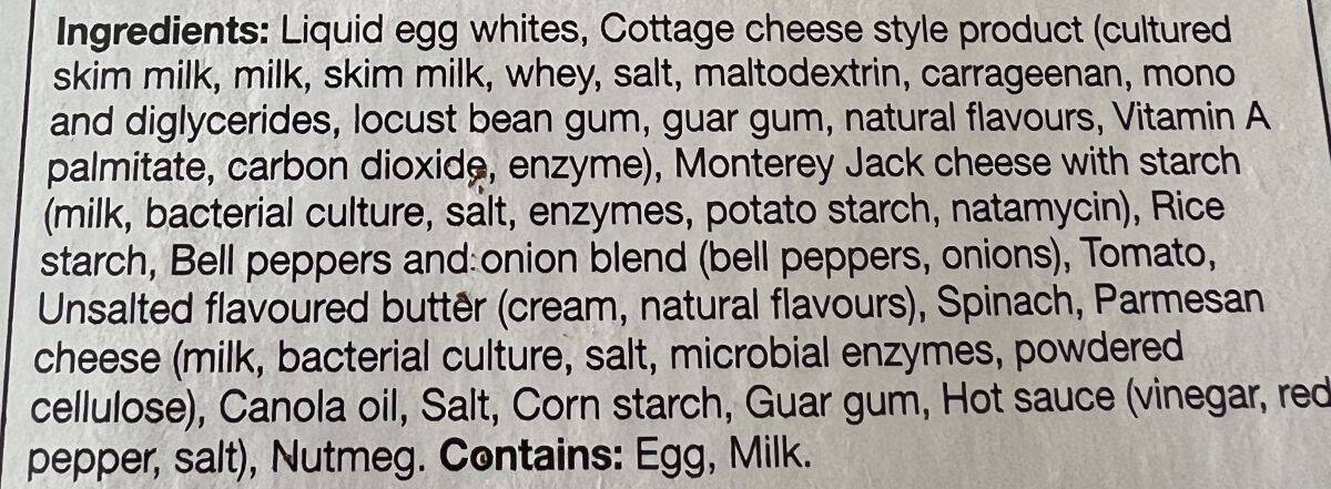 Image of the ingredients for the Costco Kirkland Signature Egg White With Cheese & Roasted Red Pepper Egg Bites. 
