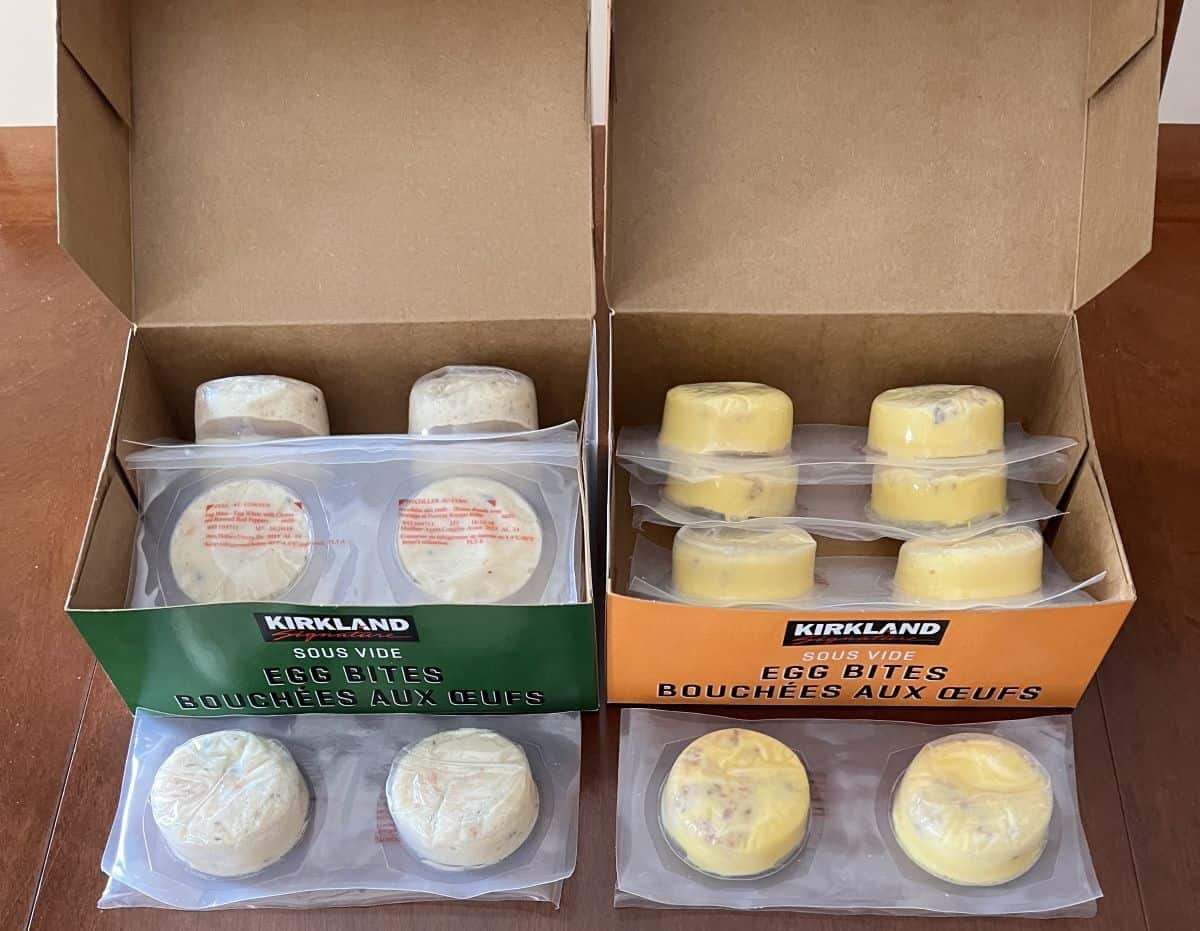 Image of two open boxes of Kirkland Signature egg bites showing the packages of two egg bites that come in the box.