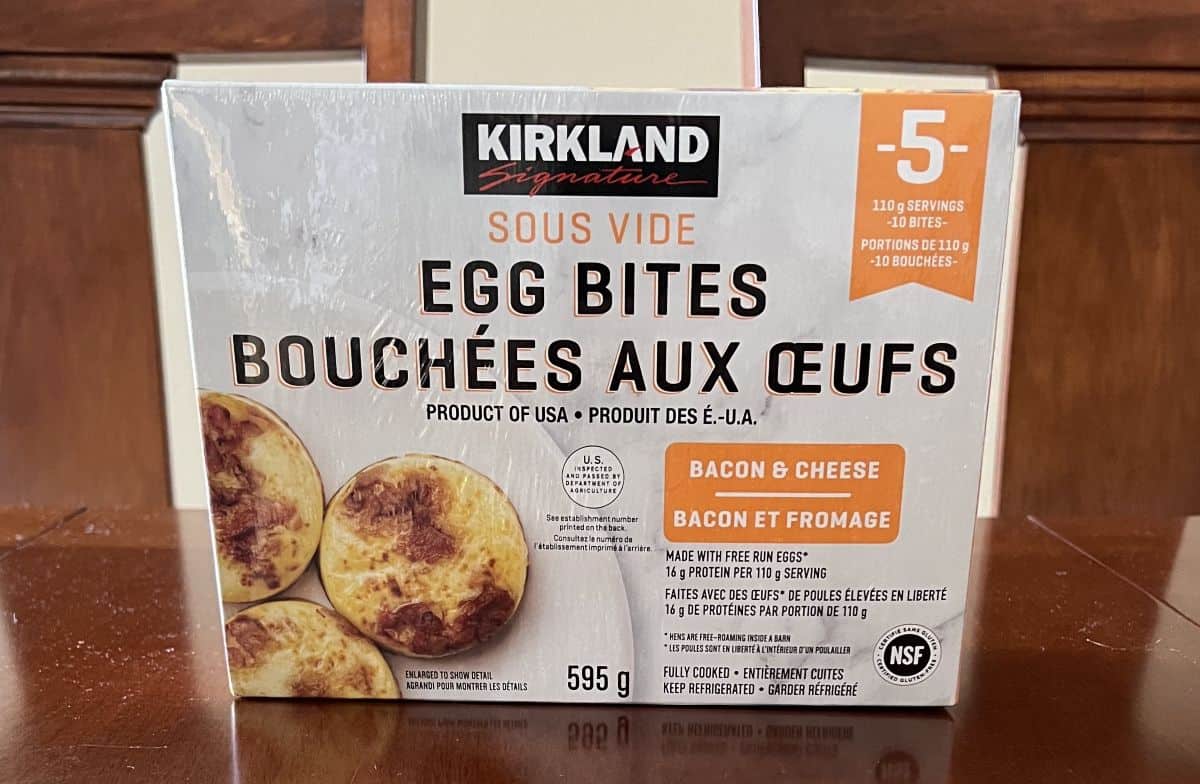Costco bacon & cheese egg bites box sitting on a table unopened.