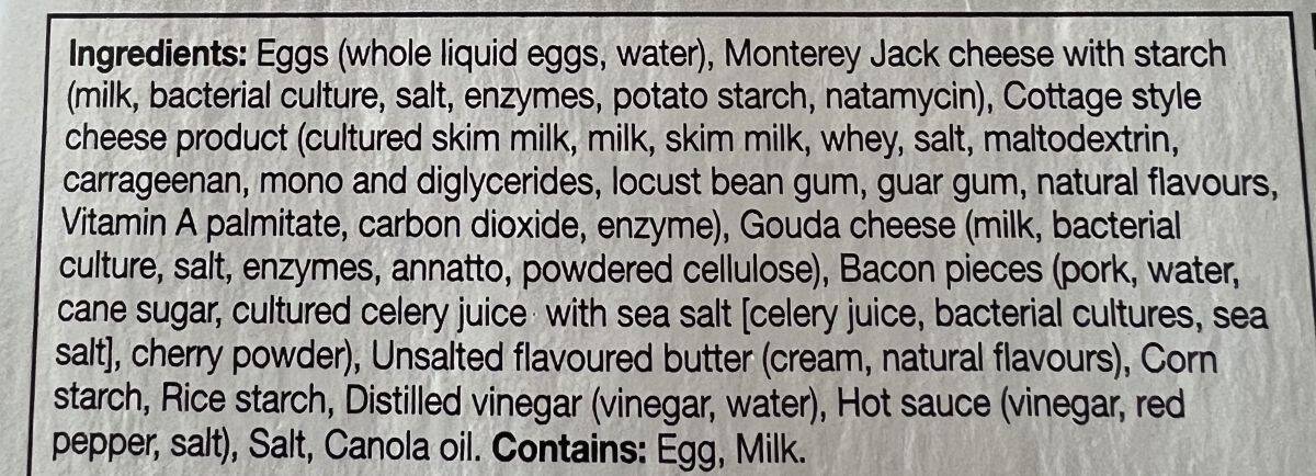 Image of the ingredients for the Costco Kirkland Signature Sous Video Bacon & Cheese Egg Bites. 