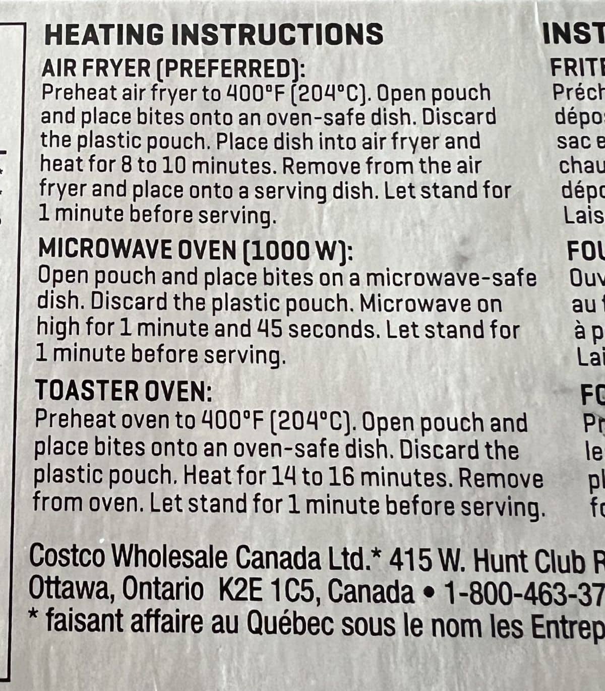 Image of the heating instructions for the egg bites from Costco.