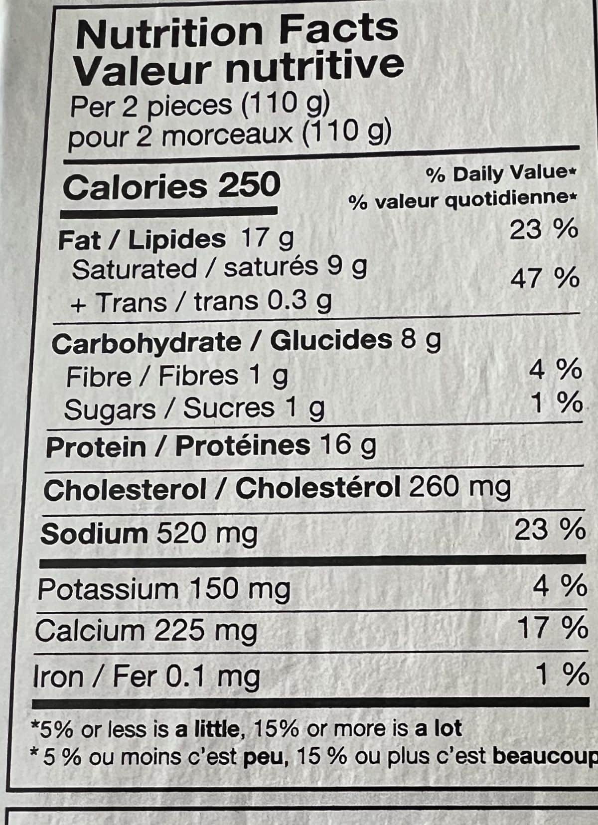 Image of the nutrition facts for the bacon & cheese KIrkland Signature Sous Vide Egg Bites from Costco.