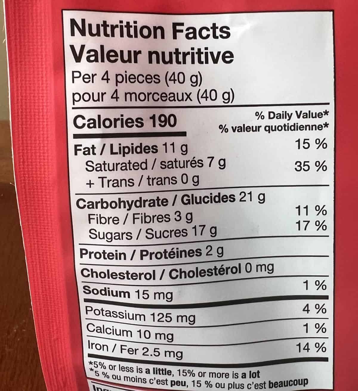 Image of the nutrition facts from the bag. 