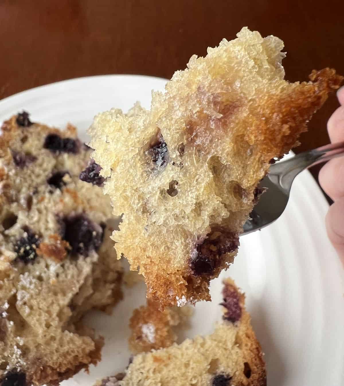 Image of a fork with a bite of loaf on it hovering over a plate with loaf on it.