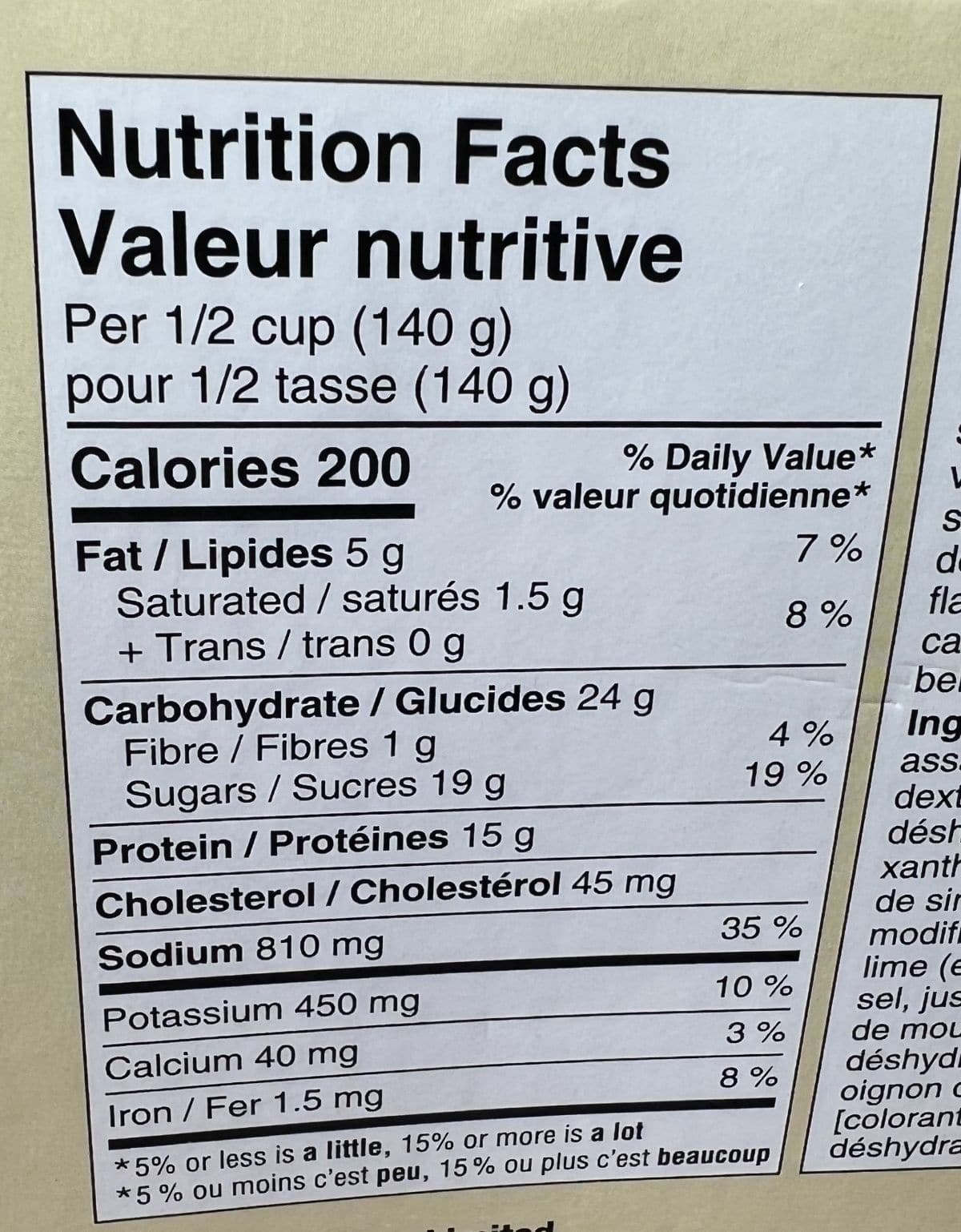 Image of the nutrition facts for the carnitas from the back of the box.