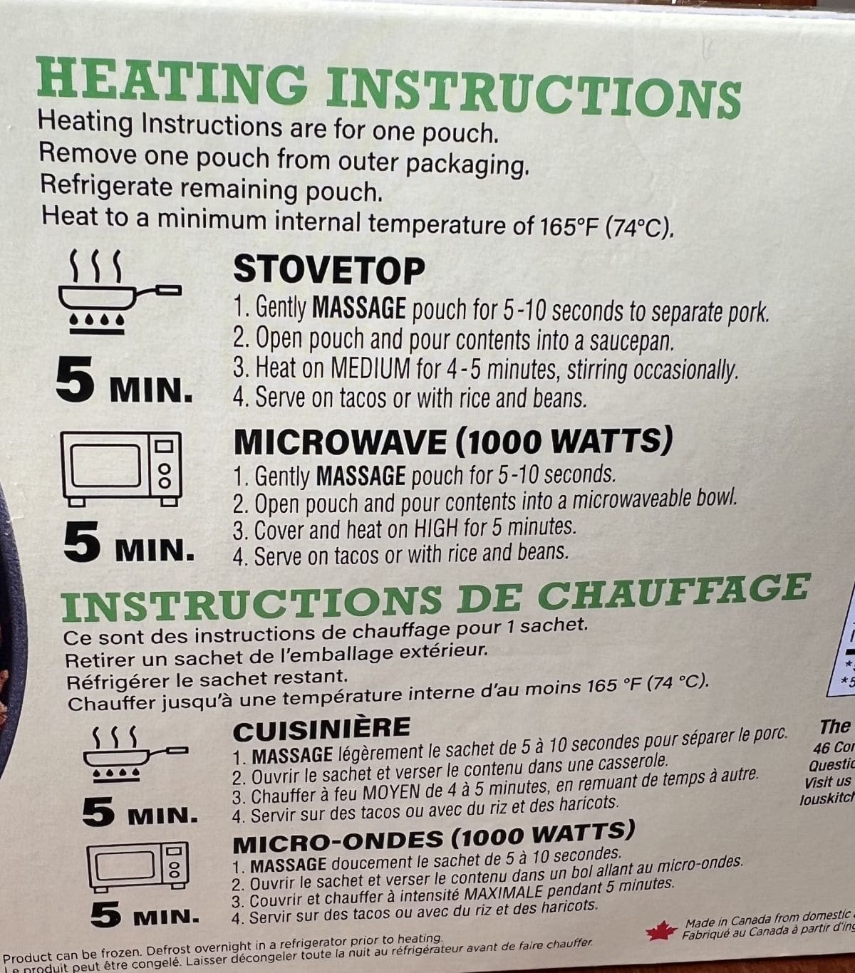 Image of the heating instructions for the pork carnitas from the back of the box.