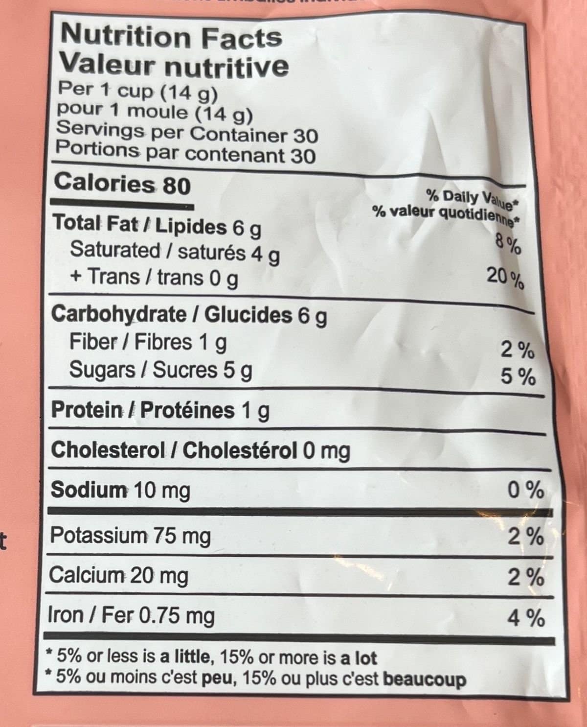 Image of the nutrition facts from the back of the bag. 