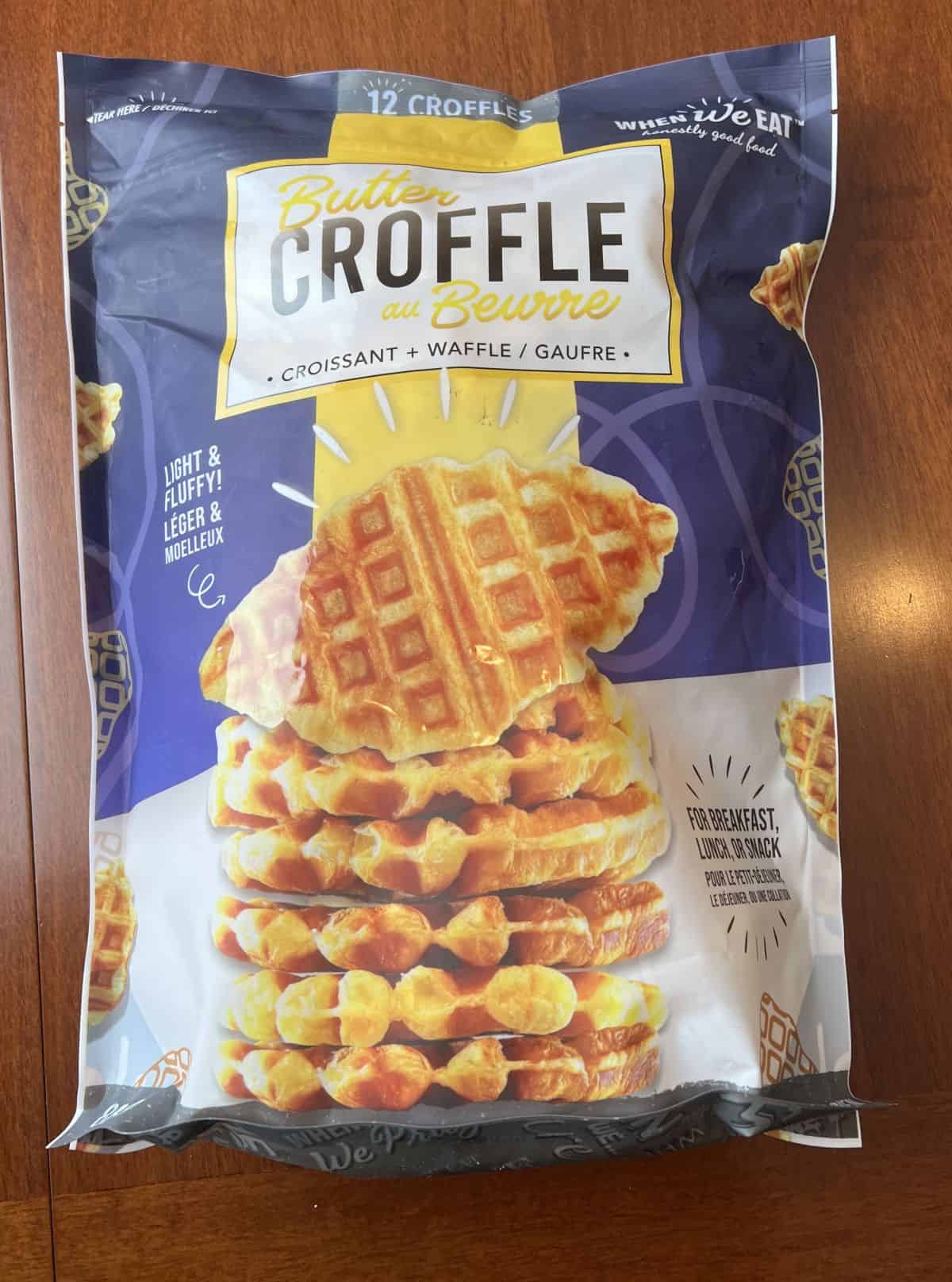 Image of the Costco When We Eat Butter Croffle bag sitting on a table unopened. 
