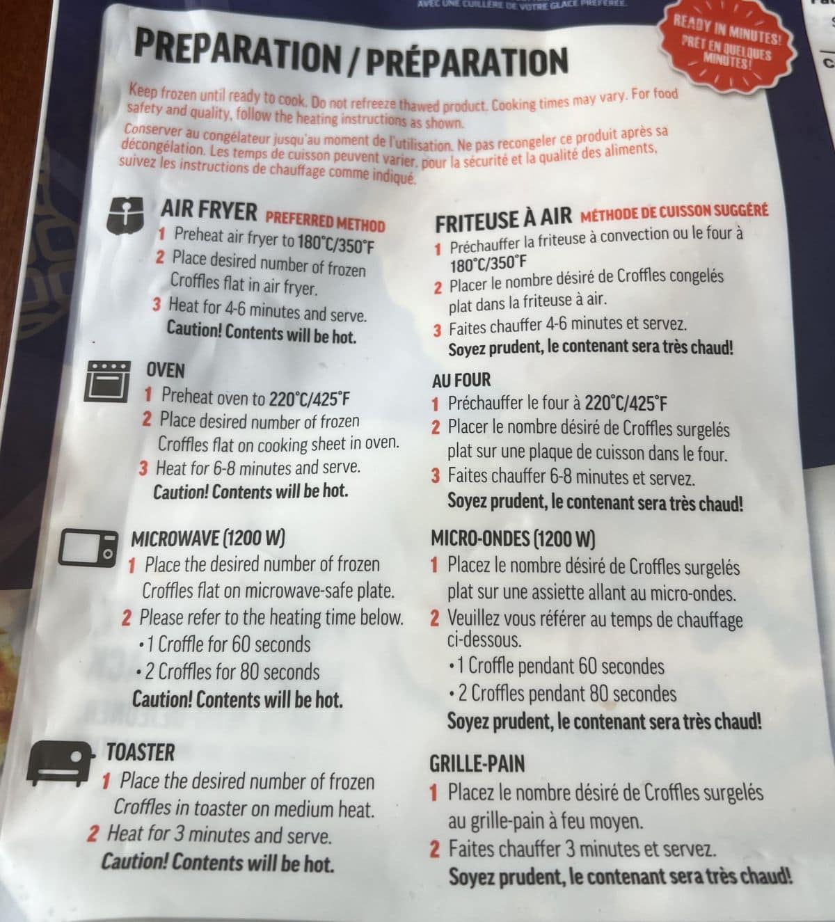 Image of the heating instructions for the Croffles from the back of the bag.