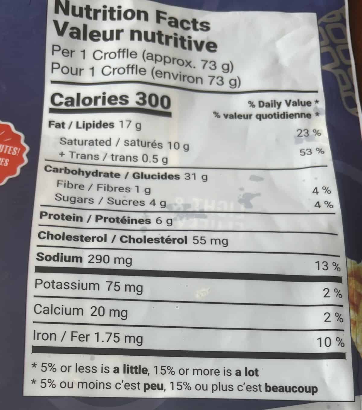 Image of the nutrition facts for the Croffle from the back of the bag.