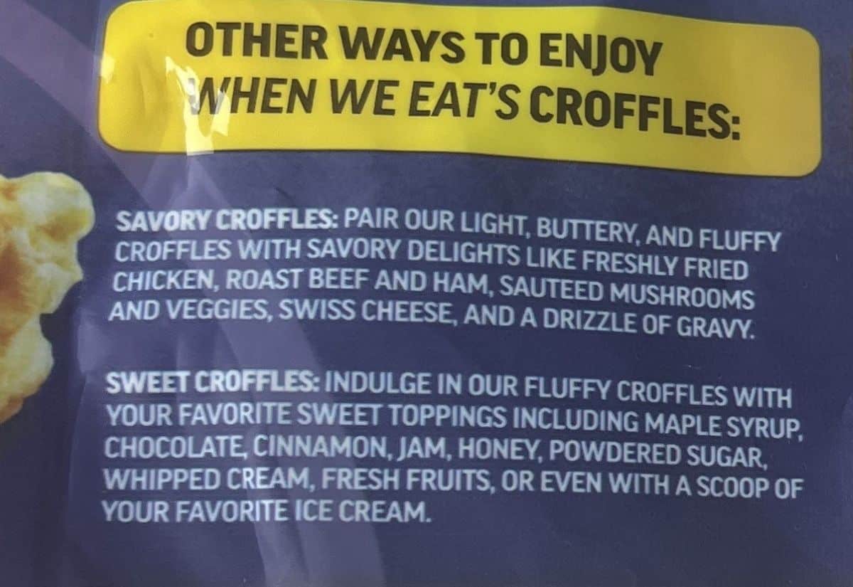 Image of ideas on ways to enjoy the Croffles from the back of the bag.