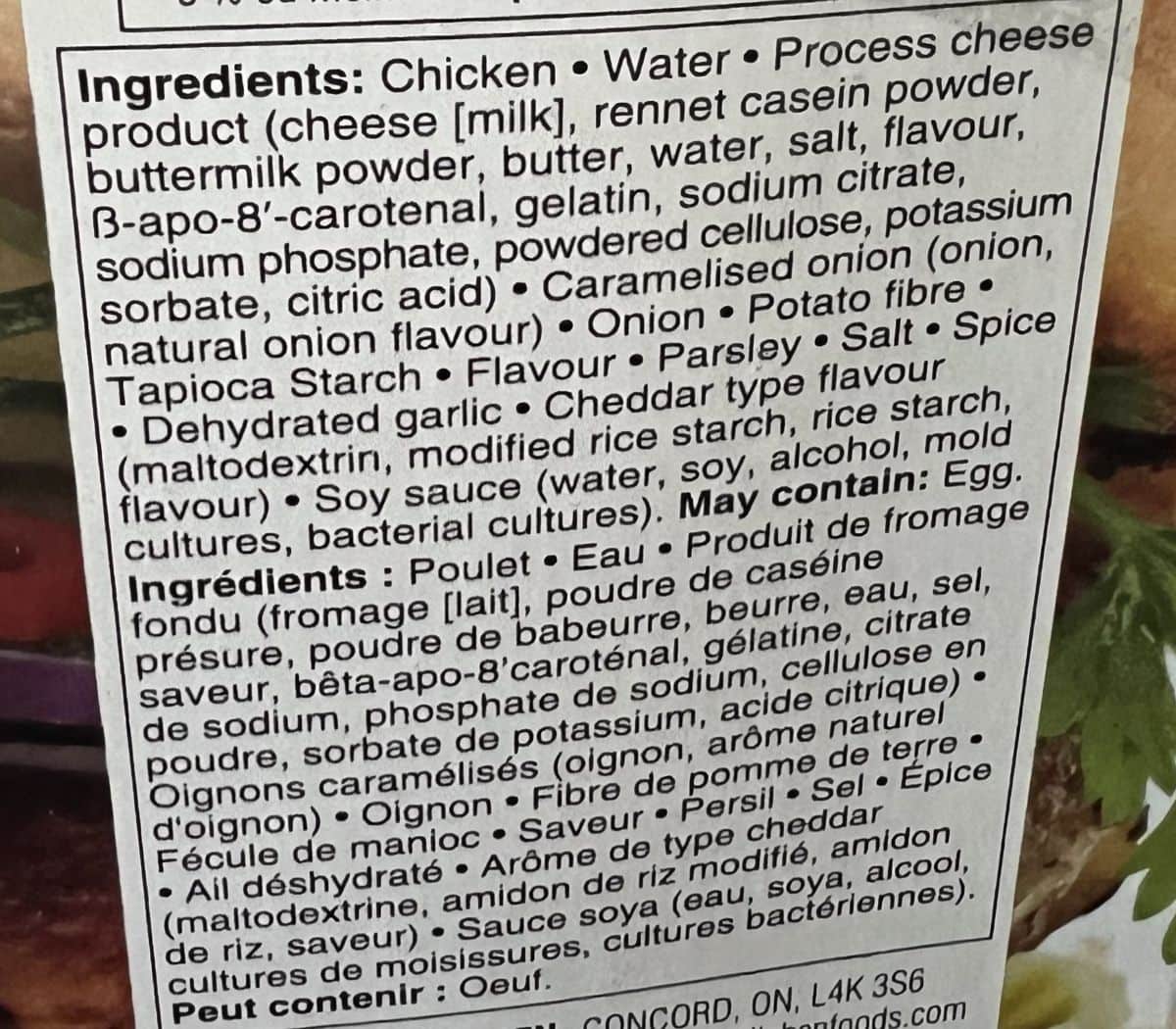 Ingredients list for the caramelized onion & cheese chicken burgers.