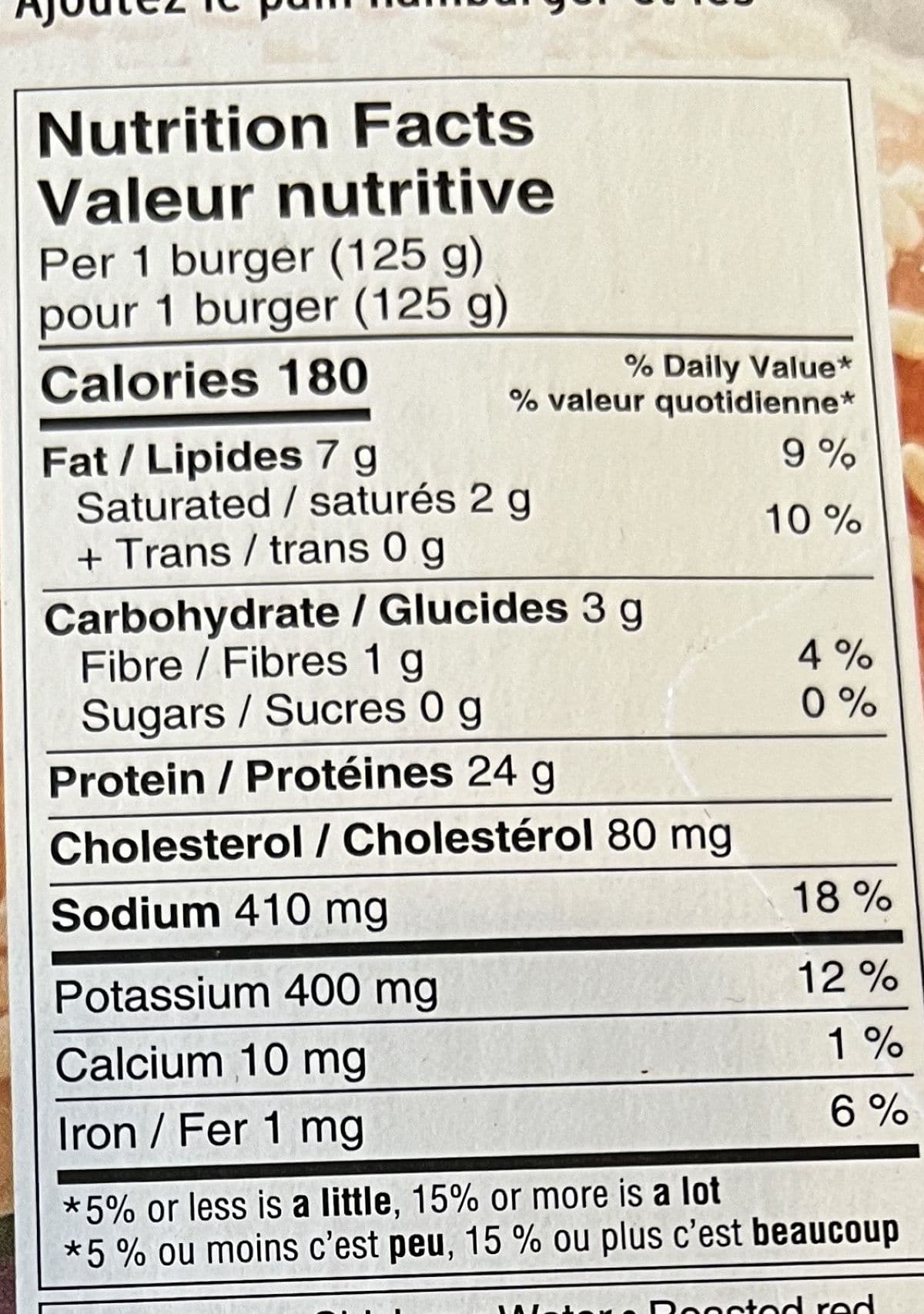 Image of the nutrition facts for the Connie's Kitchen Roasted Red Pepper Chicken Burger ingredients.