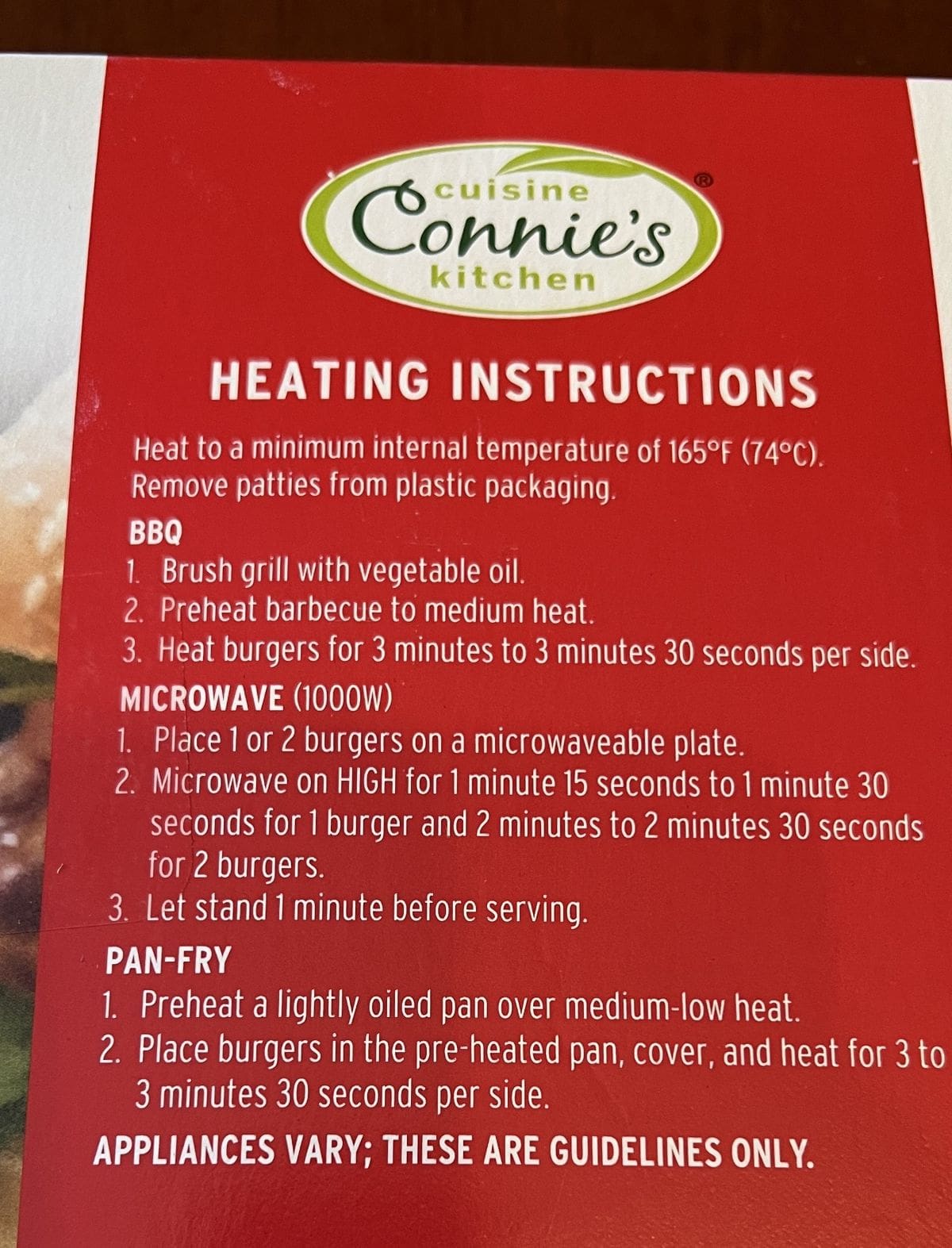 Image of the heating instructions for the chicken burgers from the back of the box.