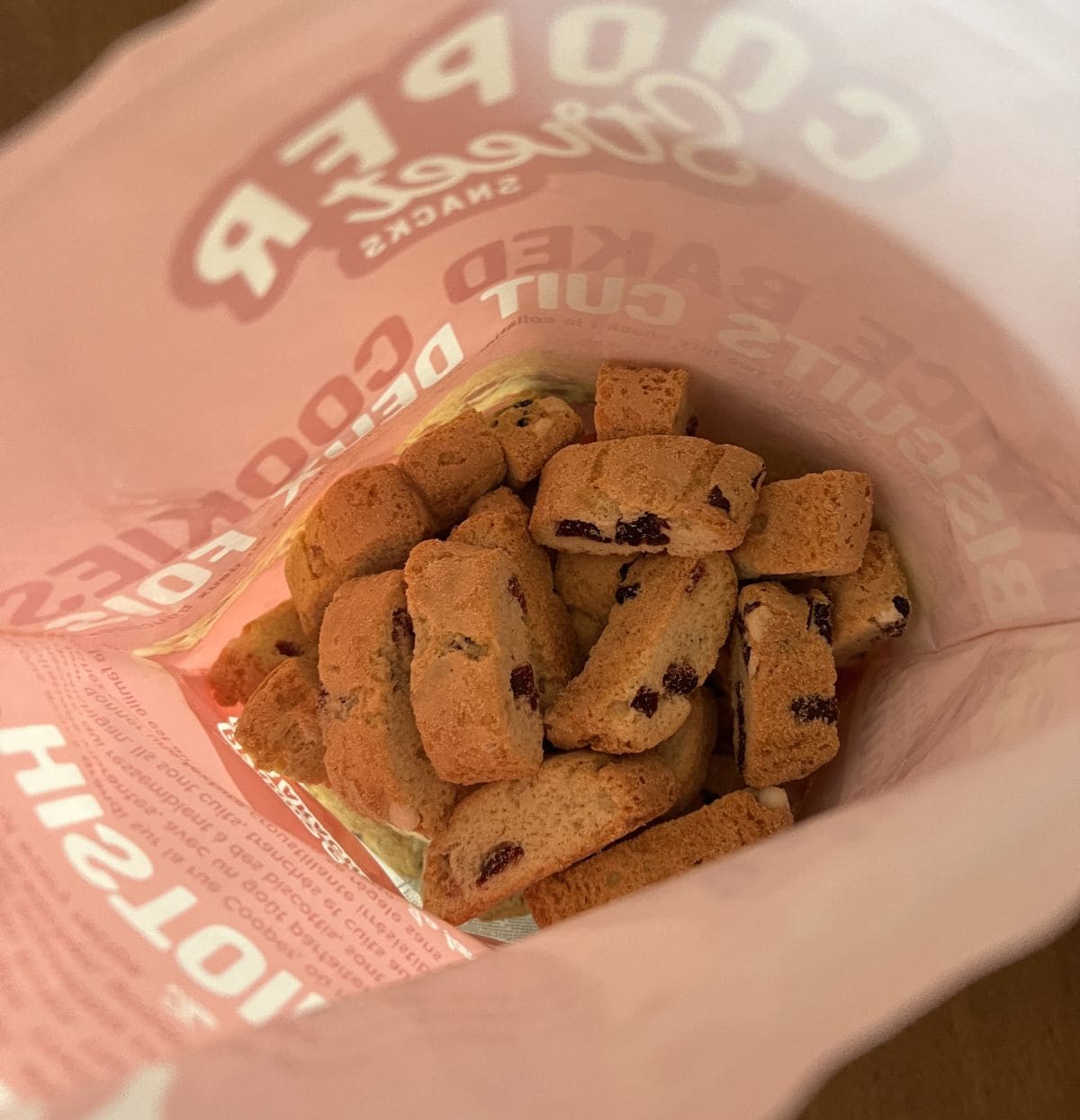 Image of an open bag of Costco Cooper Street Snacks Twice Baked Cookies showing the cookies in the bag.