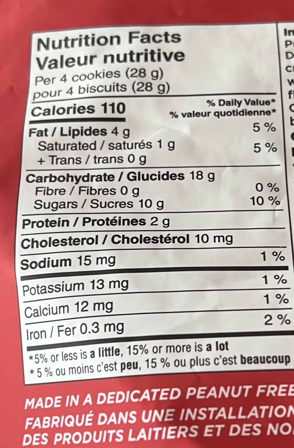 Image of the nutrition facts for the cookies from the back of the bag.