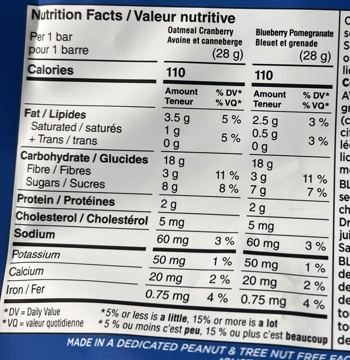 Image of the granola bakes nutrition facts from the back of the bag.