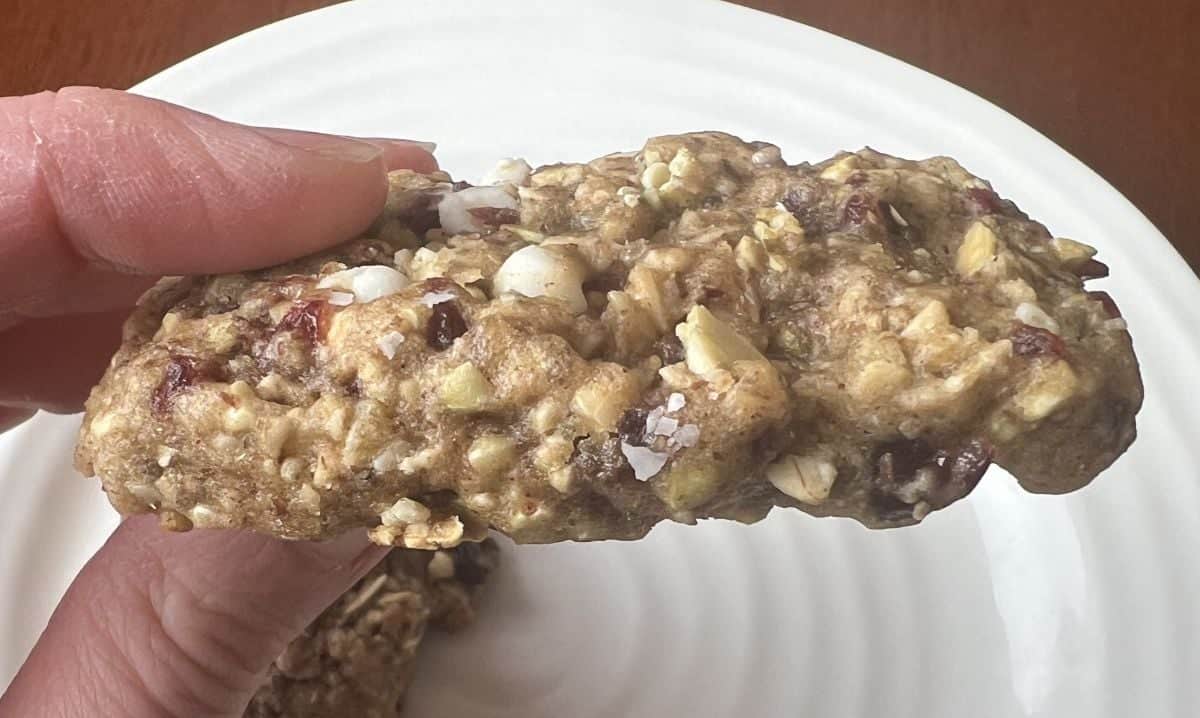 Closeup image of a hand holding one granola bake close to the camera.
