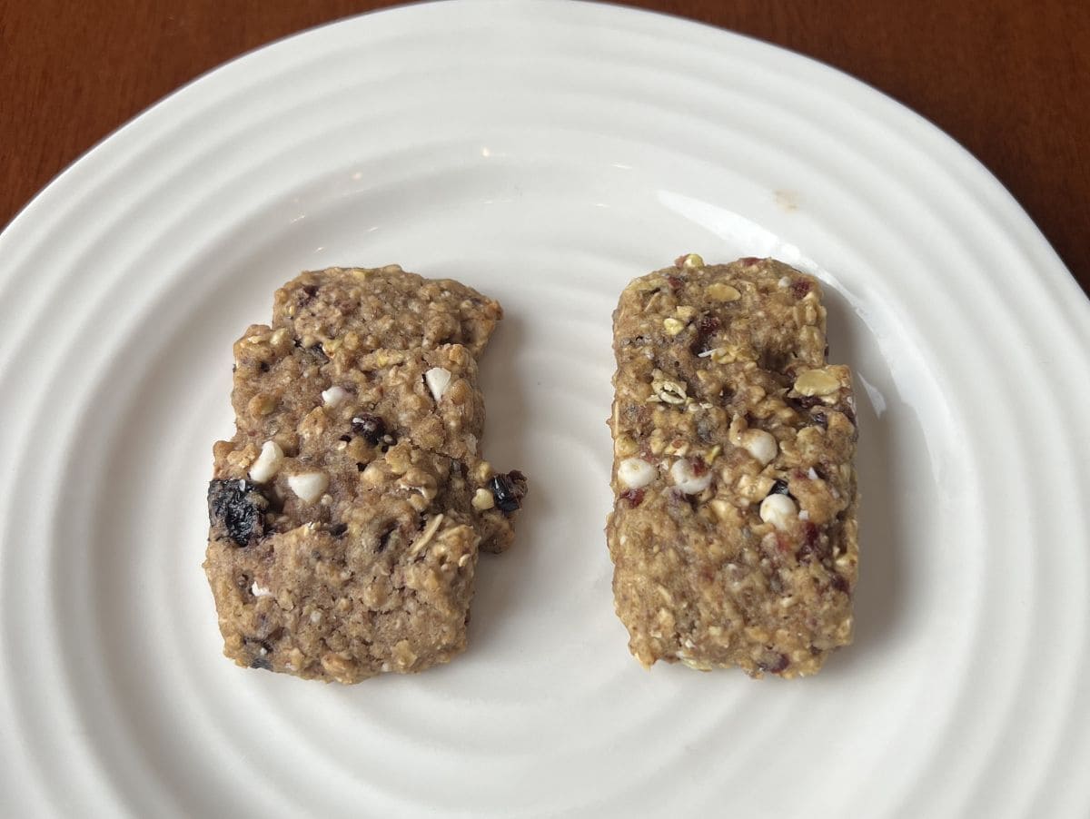 Top down image of two granola bakes served on a white plate.