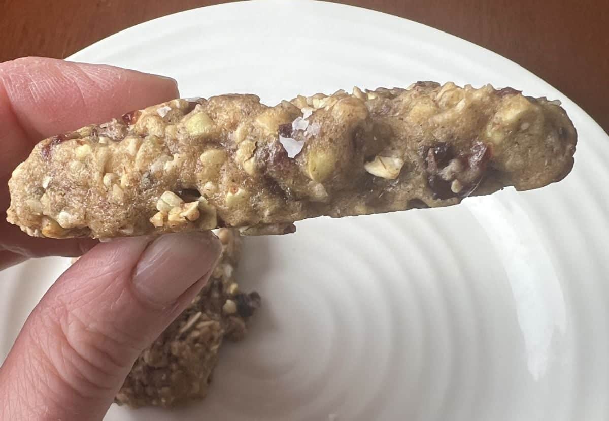Closeup image of a hand holding one cranberry oat granola bake close to the camera. 