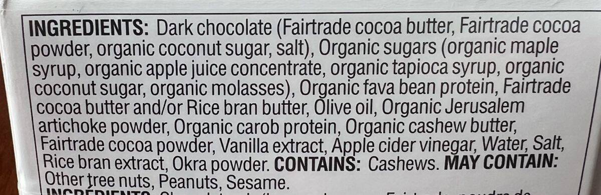 Image of the ingredients list for the cookie dough Mid-Day Squares from the box.