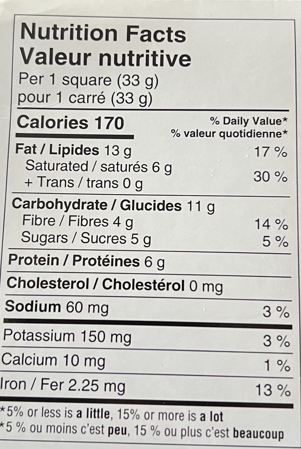 Image of the nutrition facts for the cookie dough Mid-Day Squares. 