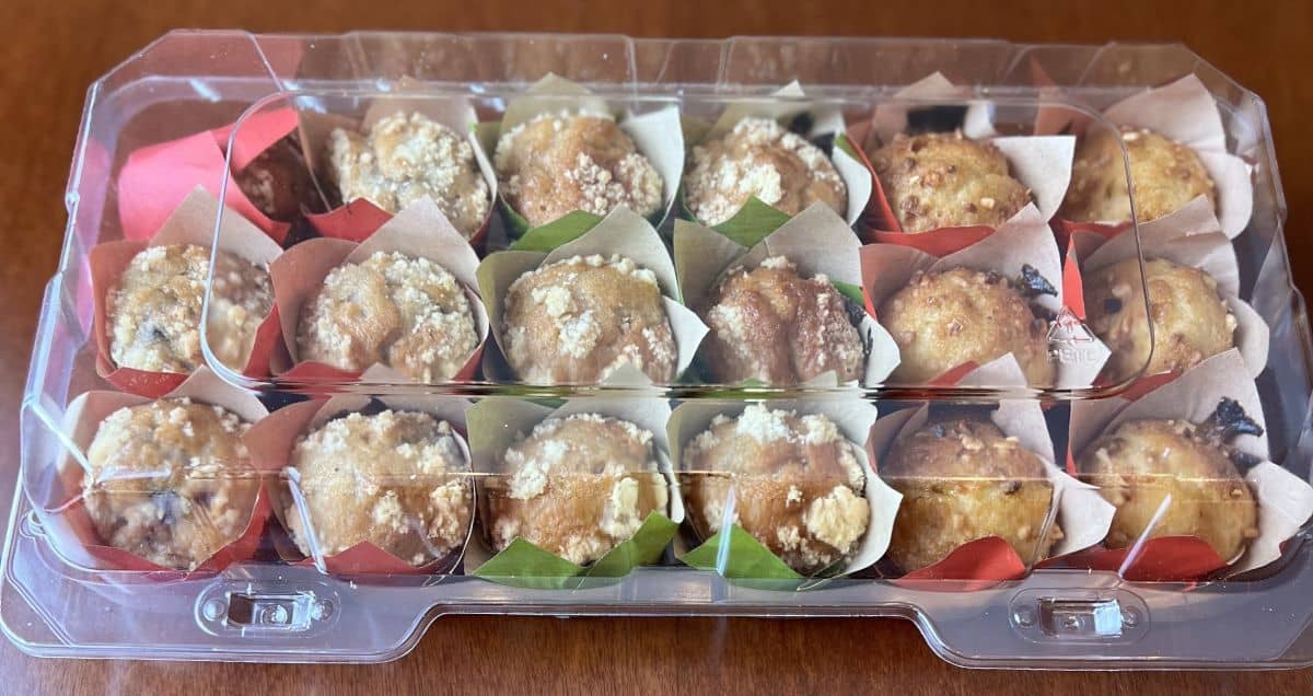 Image of the Costco mini filled muffins package with the label off so you can see the muffins.