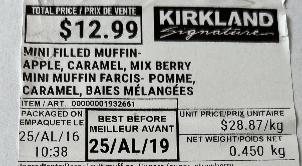 Closeup image of the label on the mini muffins showing the price and best before date.