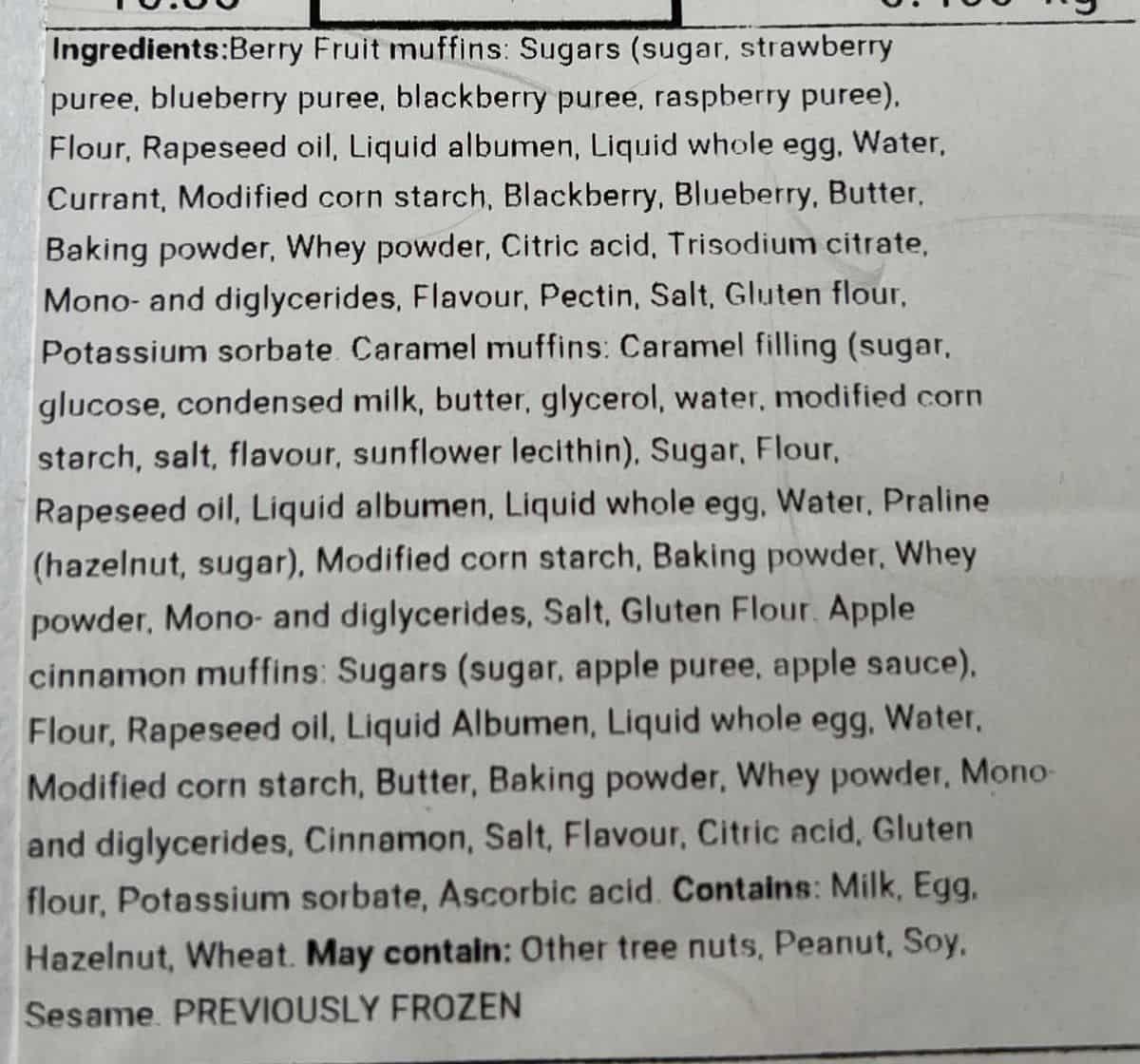 Image of the ingredients list for the mini muffins. 