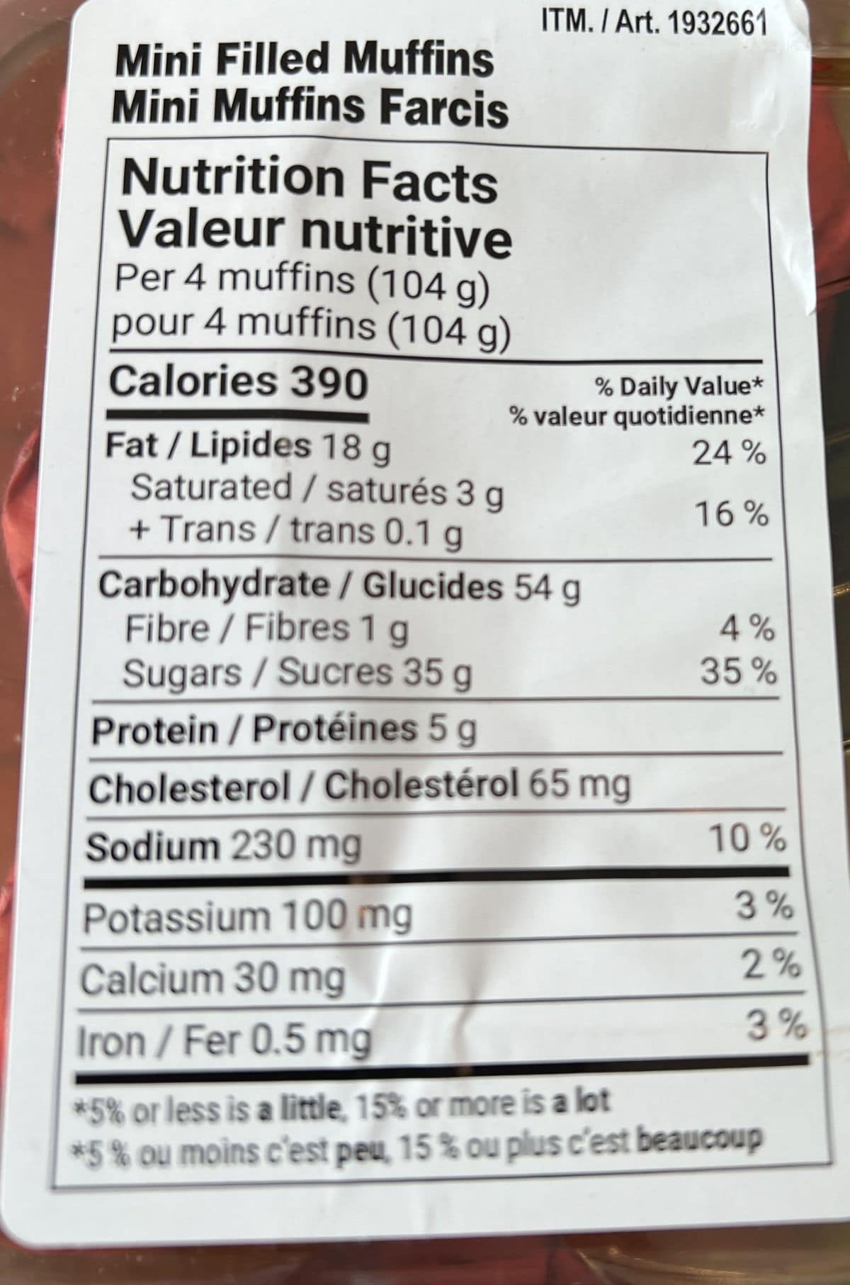 Image of the nutrition facts for the muffins. 