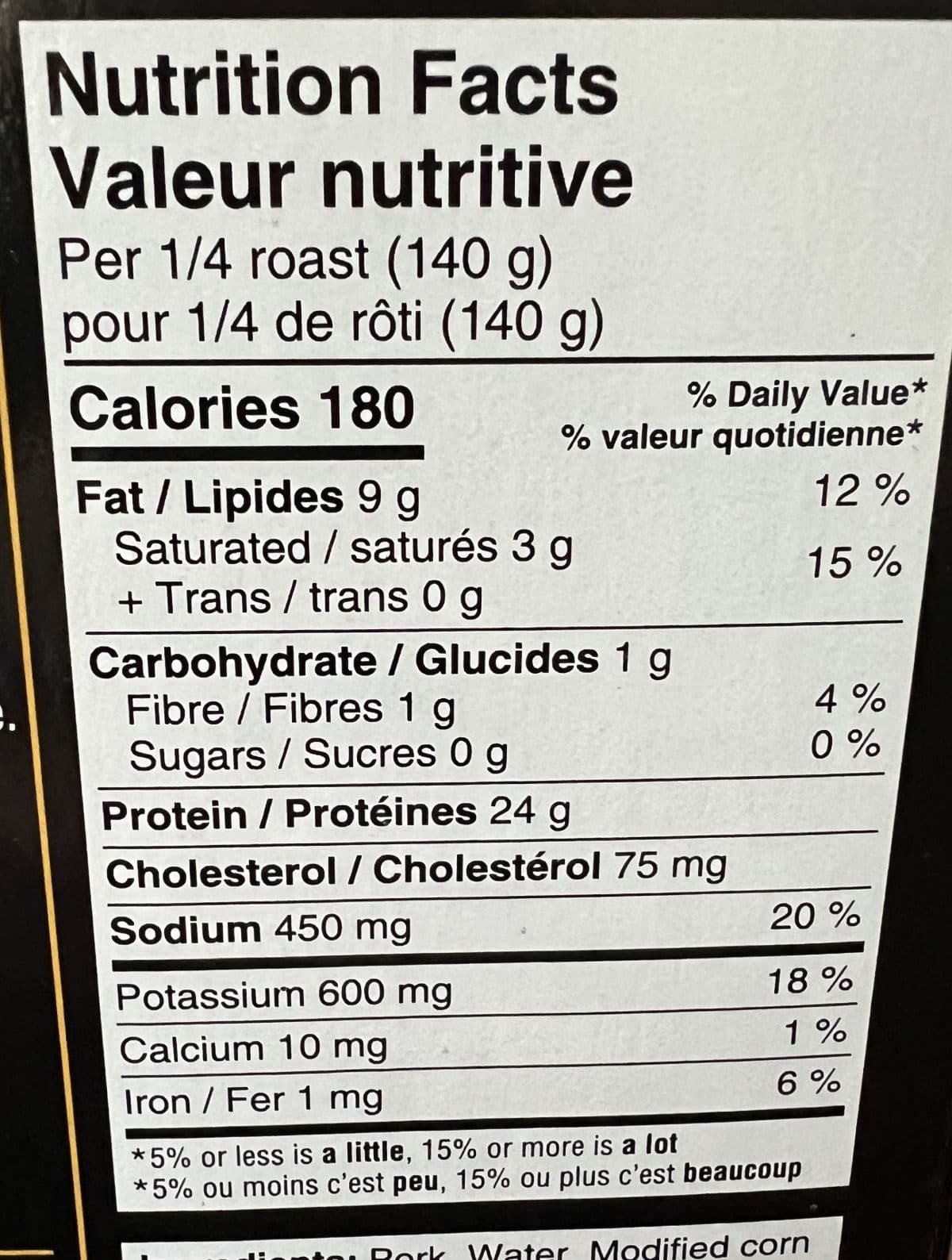 Image of the nutrition facts for the pork roast from the back of the box.