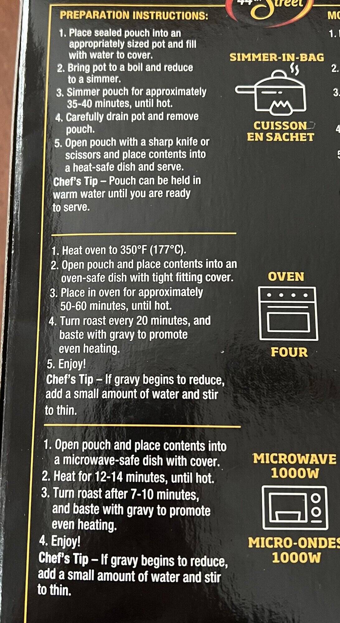Image of the cooking instructions for the pork roast from the back of the box.