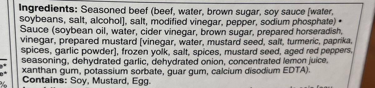 Image of the ingredients list for the steak bites from the back of the box.