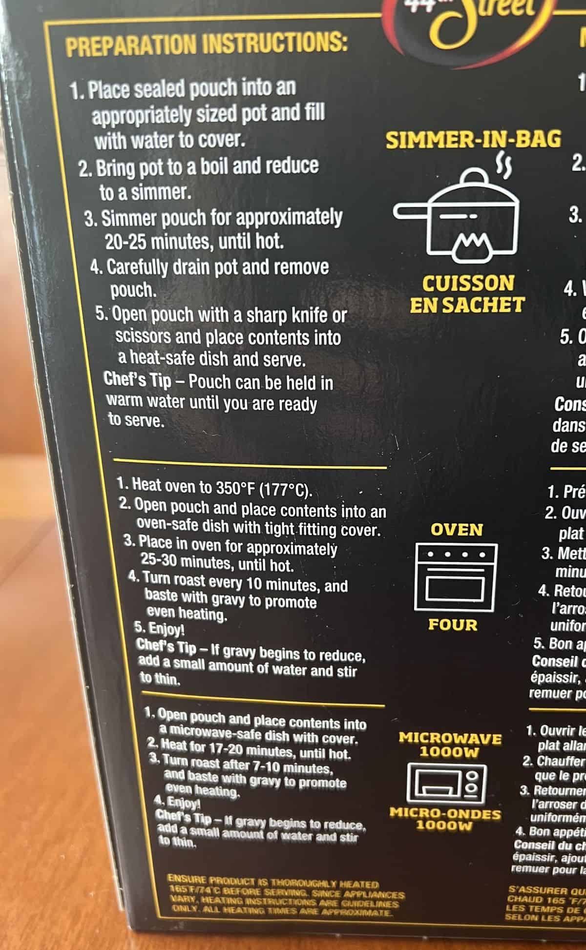 Image of the heating instructions from the back of the box.