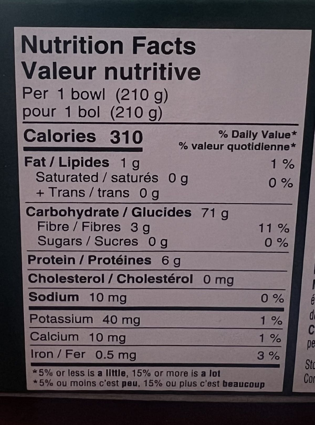 Image of the nutrition facts for the rice from the back of the box.