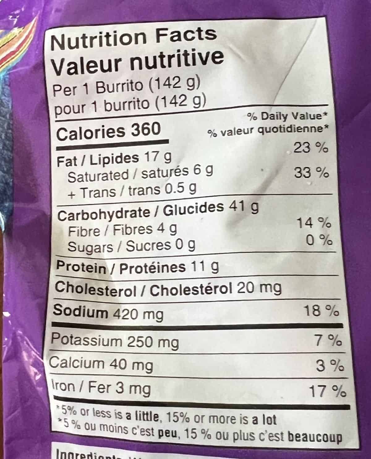 Image of the nutrition facts for the burritos from the back of the bag. 