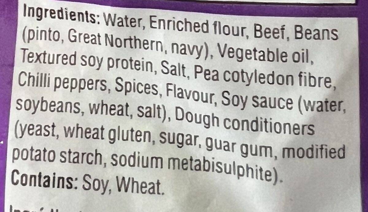 Image of the ingredients for the burritos from the back of the bag.