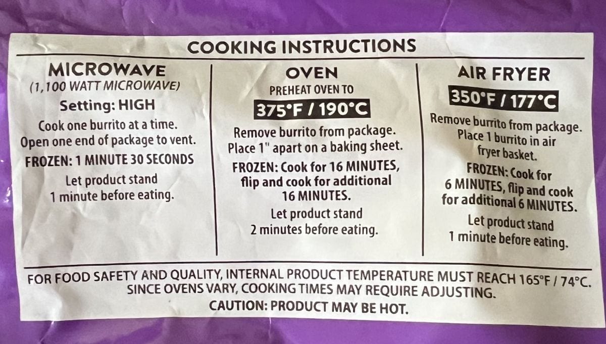 Image of the cooking directions for the burritos from the back of the bag. 
