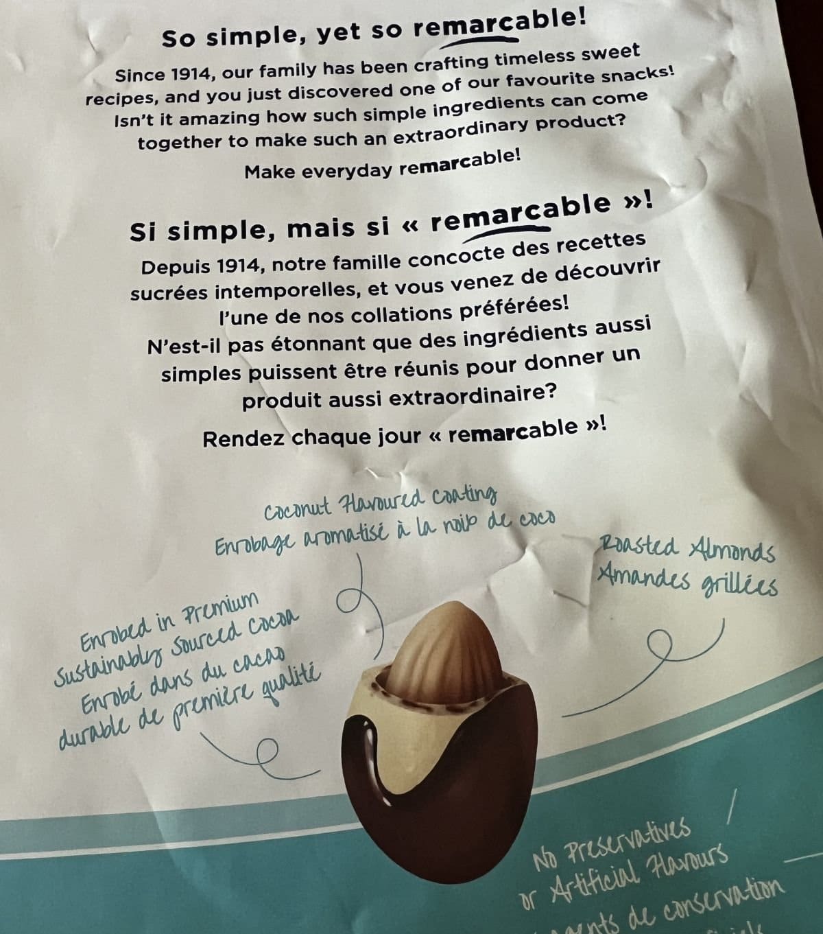 Image of the product description for the coconut almonds from the back of the bag.