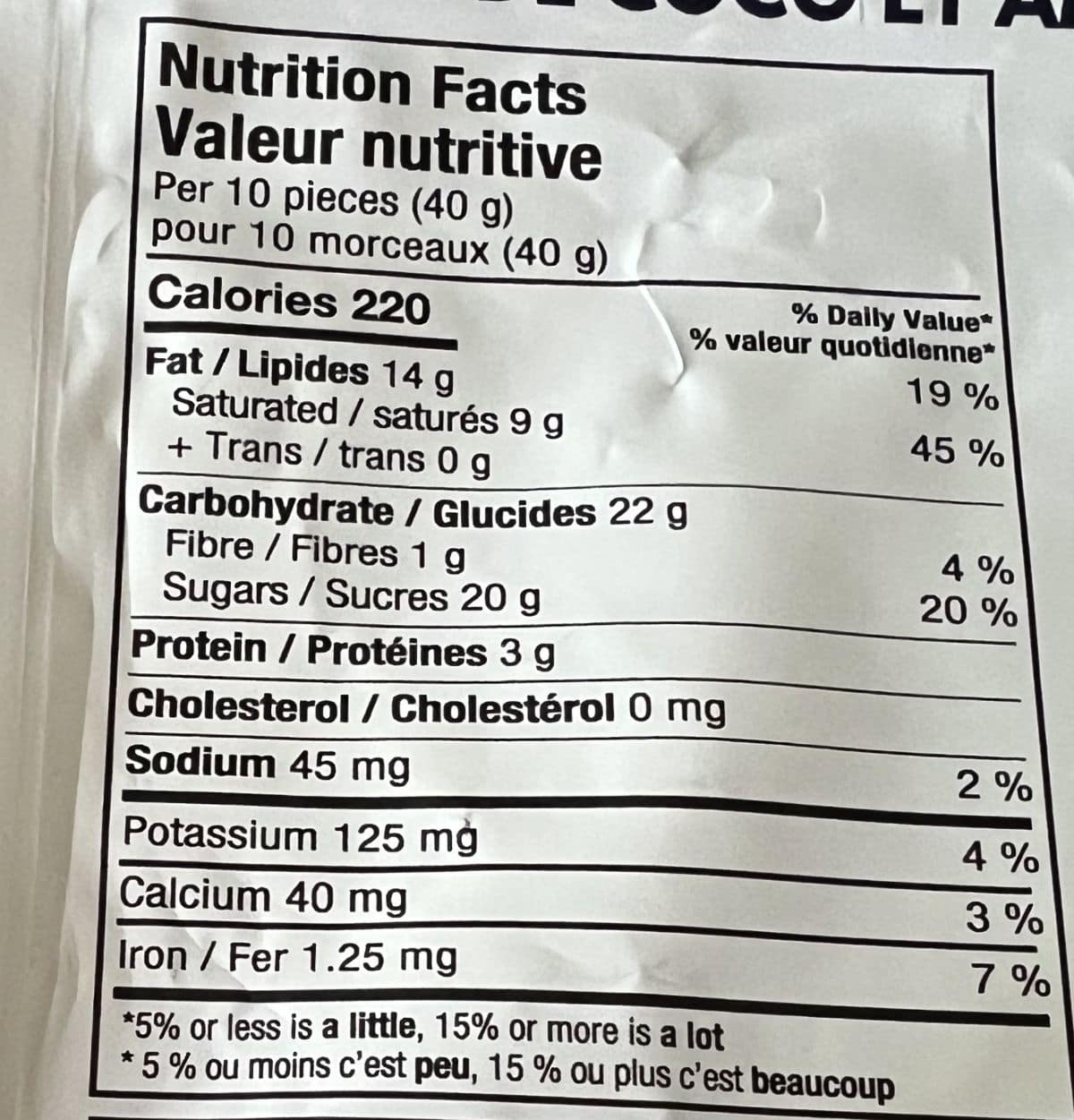 Image of the nutrition facts for the Costco Edward Marc Chocolatier Coconut Almonds. 