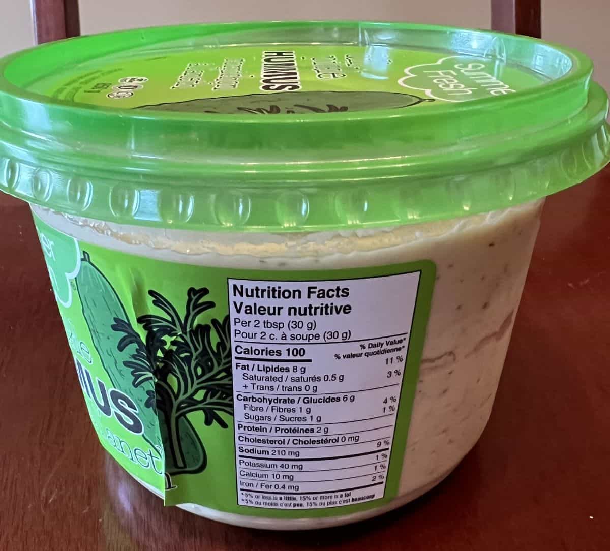 Image of the nutrition facts for the hummus on the container.